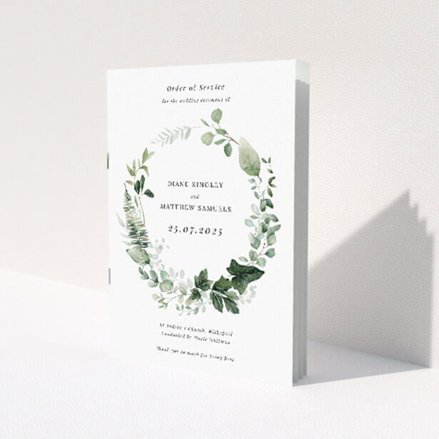 Wedding order of service booklet featuring a botanical greens design; elegant cover showcasing event details